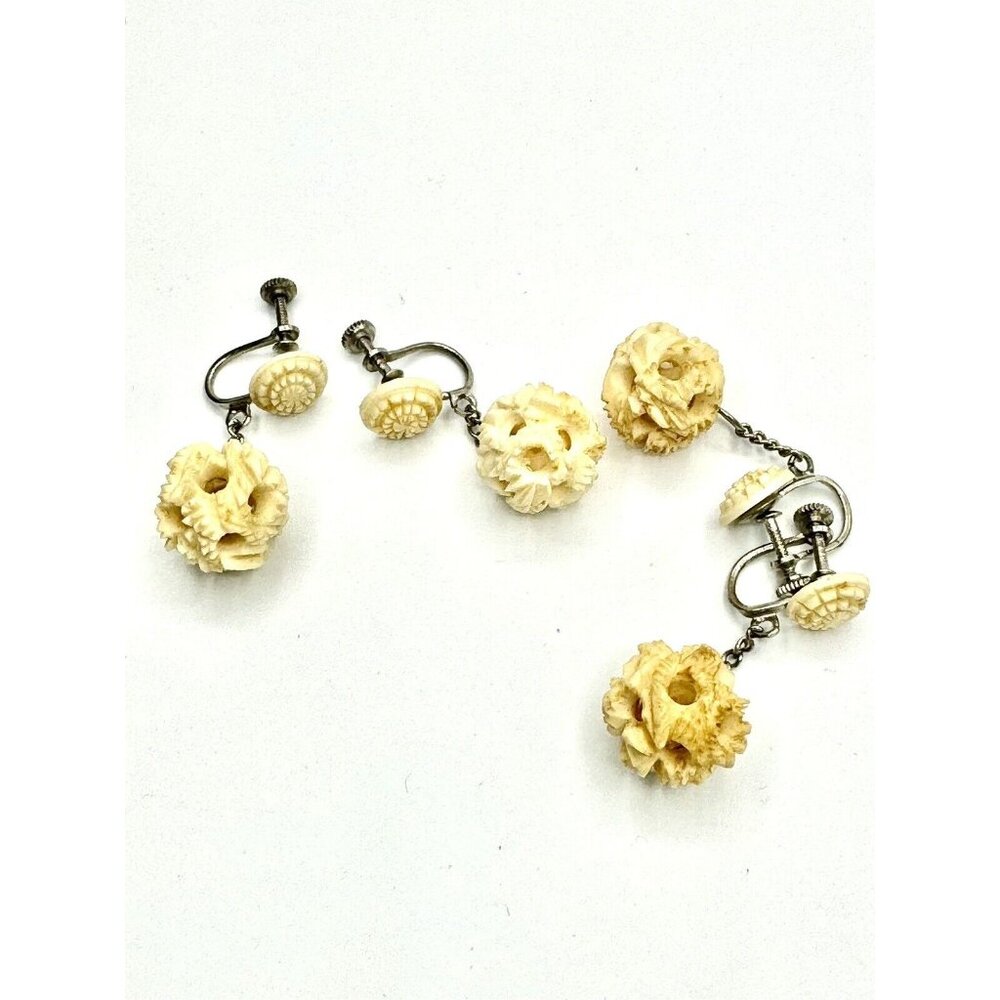 Carved Earrings Set Of 2 Vintage